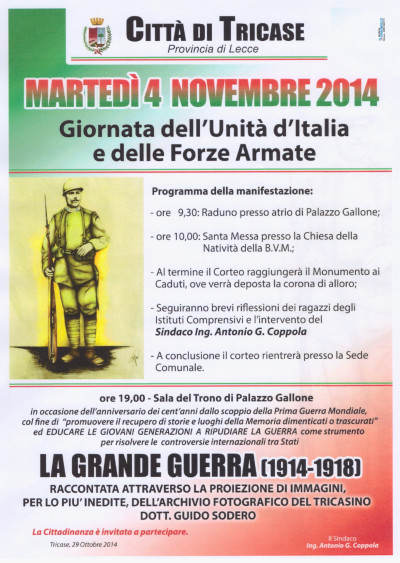 MARTEDI' 4 NOVEMBRE 2014 - GIORNATA DELL'UNITA' D'ITALIA E DELLE FORZE ARMATE...