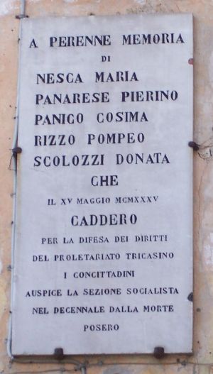 Tricase - Muro esterno ex convento dei Domenicani - Targa a ricordo delle vittime del 15 maggio 1935