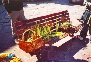 Tricase -  Piazza Pisanelli - 9 aprile 2006 - Domenica delle Palme - Prodotti realizzati con le palme da alcuni ragazzi locali