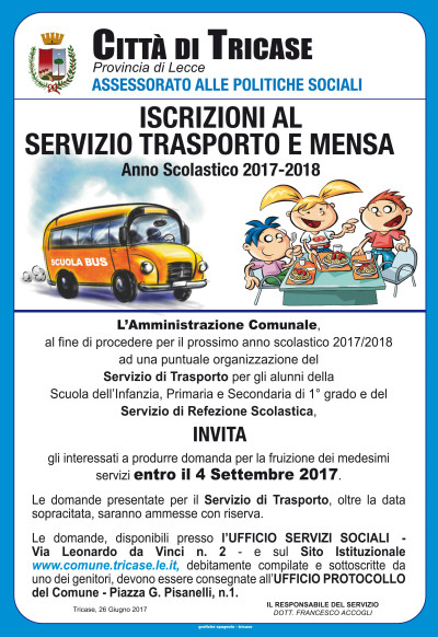 ISCRIZIONI AL SERVIZIO TRASPORTO E MENSA ANNO SCOLASTICO 2017-2018