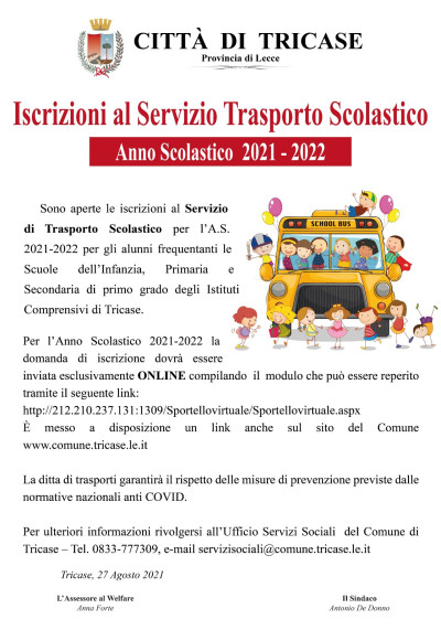 ISCRIZIONI AL SERVIZIO TRASPORTO SCOLASTICO