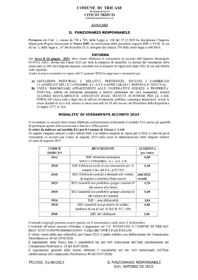 IMPOSTA MUNICIPALE PROPRIA DENOMINATA LA NUOVA IMU - ACCONTO ANNO 2023