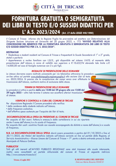 FORNITURA GRATUITA O SEMIGRATUITA DEI LIBRI DI TESTO E/O SUSSIDI DIDATTICI PE...