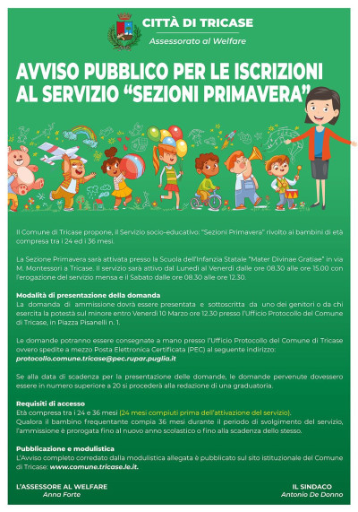 AVVISO PUBBLICO PER LE ISCRIZIONI AL SERVIZIO “SEZIONI PRIMAVERA”  