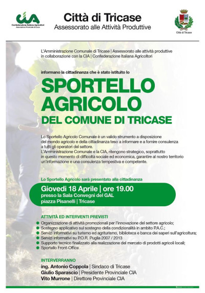 Istituzione Sportello Agricolo del Comune di Tricase - Manifesto Istituzione Sportello Agricolo del Comune di Tricase - Manifesto