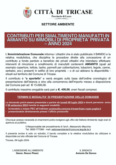 AVVISO PUBBLICO - BANDO PER LA CONCESSIONE DI CONTRIBUTI PER LA RIMOZIONE DI ...