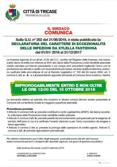 IL SINDACO COMUNICA CHE SULLA G.U. N.202 DEL 31.8.2018 E' STATA PUBBLICATA LA...