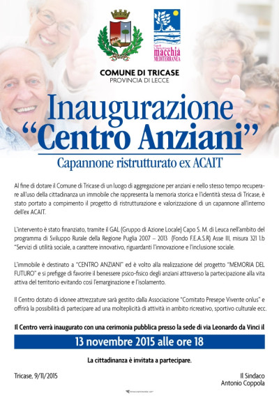 TRICASE - 13 NOVEMBRE 2015 - ORE 18.00 - INAUGURAZIONE CENTRO ANZIANI&q...