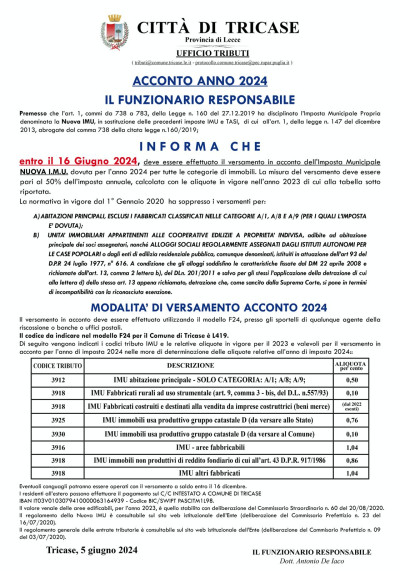 IMPOSTA MUNICIPALE NUOVA I.M.U. - ACCONTO ANNO 2024