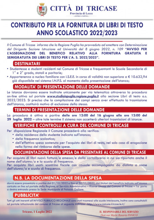 Contributo per la Fornitura di Libri di Testo Anno Scolastico 2022/2023